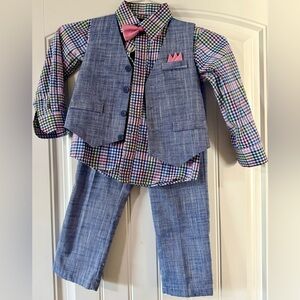 Blue Plaid Boys' Suit Set with Pink Bow Tie & Pocket Square